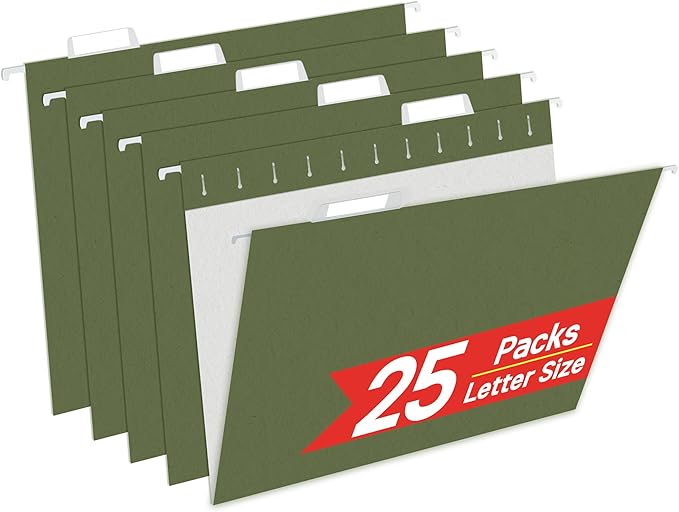 25 Packs Hanging File Folders,Standard Green File Folders for Filing Cabinet,1/5 Adjustable Tabs & Labels,Bulk File Organizer for Office,School,Home