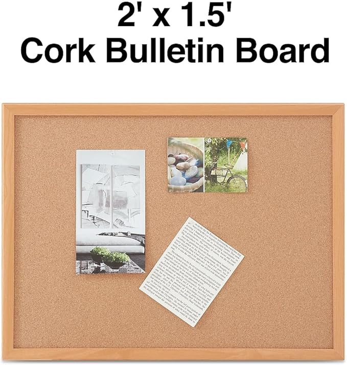 Staples Standard Cork Bulletin Board with Oak Finish Frame, 2 ft W x 1.5 ft H Wall Mounted Cork Message Board for Home Office and Classroom