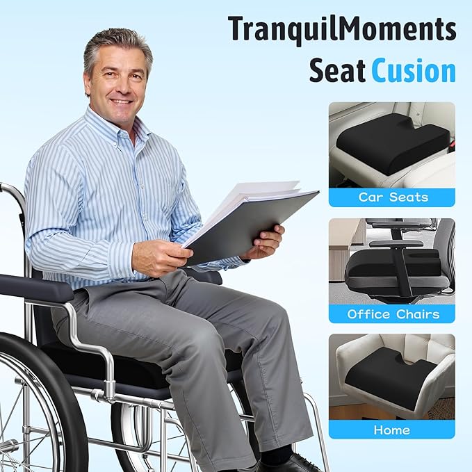 TranquilMoments Seat Cushion, Gel Wheelchair Seat Cushion，Ergonomic Chair Cushions for Office Chairs & Car, Relieve Sciatica, Back and Tailbone Pain, Removable Cover & Non - Slip Bottom, Black