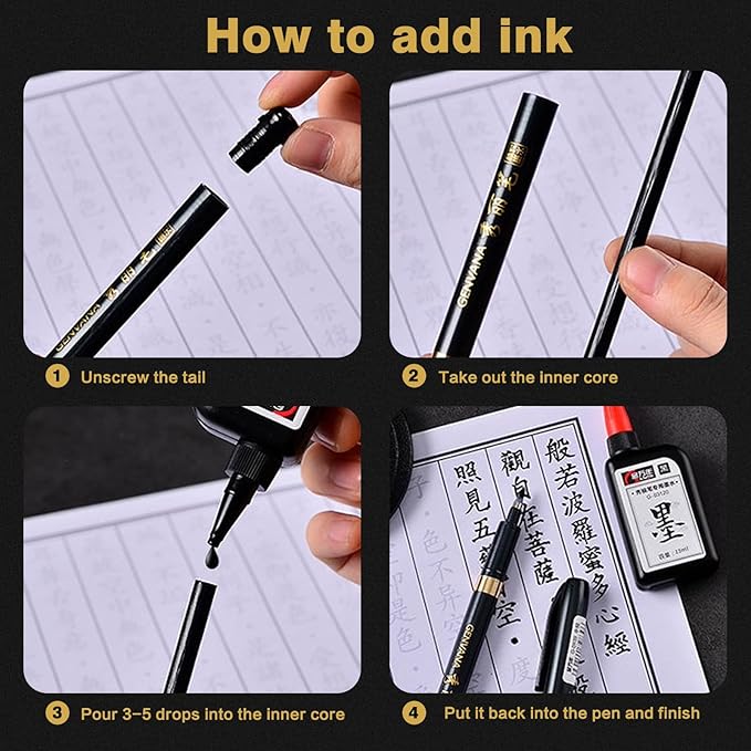 Maxmartt 3 Pcs Ink Pen Artist 3 Size Calligraphy Pen for Writing Drawing Chinese Japanese Calligraphy Shodo Brush Ink Pen Fineliner Pens Calligraphy Set for Beginners