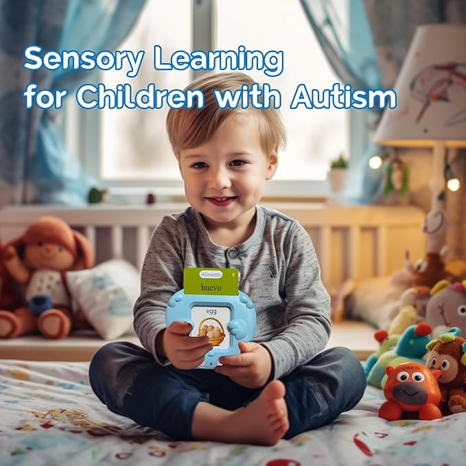 English Flash Cards Bilingual - Spanish Talking Flash Cards for Kids, Pocket Speech for Toddlers 3-12, 510 Sight Words of 31 Varieties, Sensory Toys Children with Autism (Spanish, Blue)