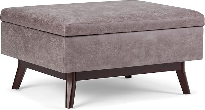 SIMPLIHOME Owen Coffee Table Storage Ottoman - 34 inch Wide Upholstered Vegan Leather Rectangular Lift-Top Ottoman in Distressed Grey Taupe, Mid-Century Modern Bench for Living Room with Tapered Legs
