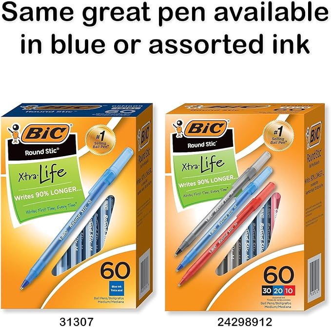 BIC Round Stic Xtra Life Ballpoint Pen, Medium Point (1.0mm), Black, 60-Count