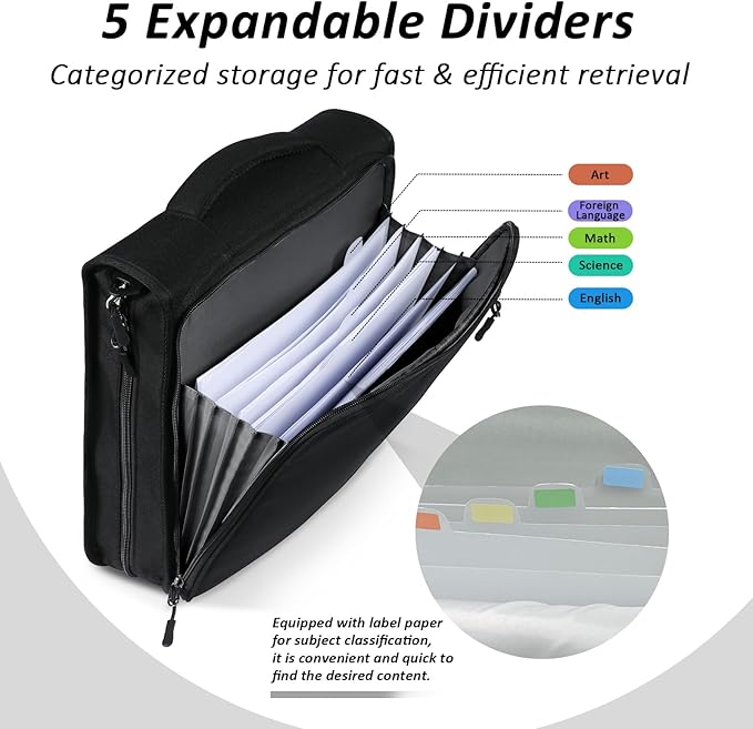 2 Inch 3 Ring Zipper Binder with Multi-Pocket, 6-Tab Expandable File Folder, Fits 14” Laptop, Zipper Bag Fits 500 Sheet Capacity with Handle & Shoulder Strap(Black)