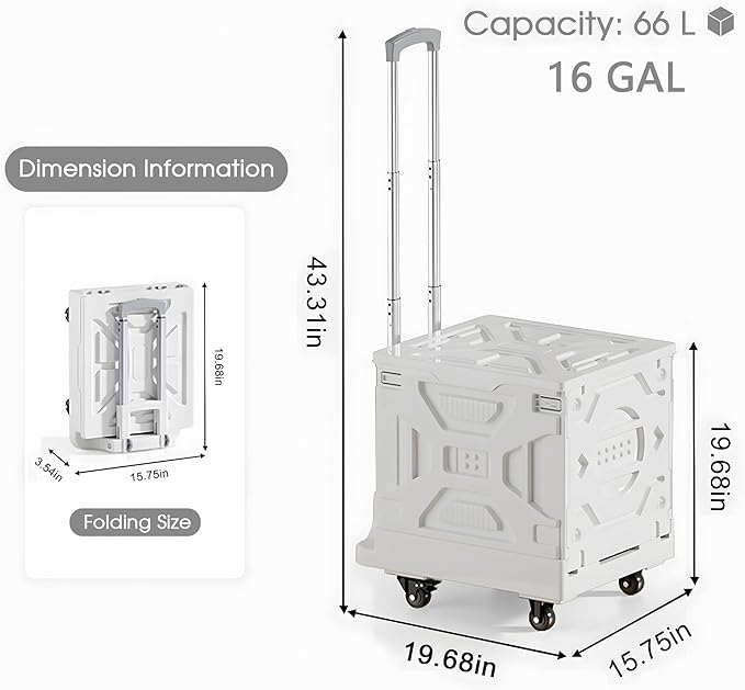 VECELO Rolling Carts with Wheels, Foldable Utility Cart, Light Weight Platform Trucks Dolly, with Recessed Design for Lids, 4 Heavy Duty Wheels, Ideal for Shopping, Camping, Teachers, Pearl White