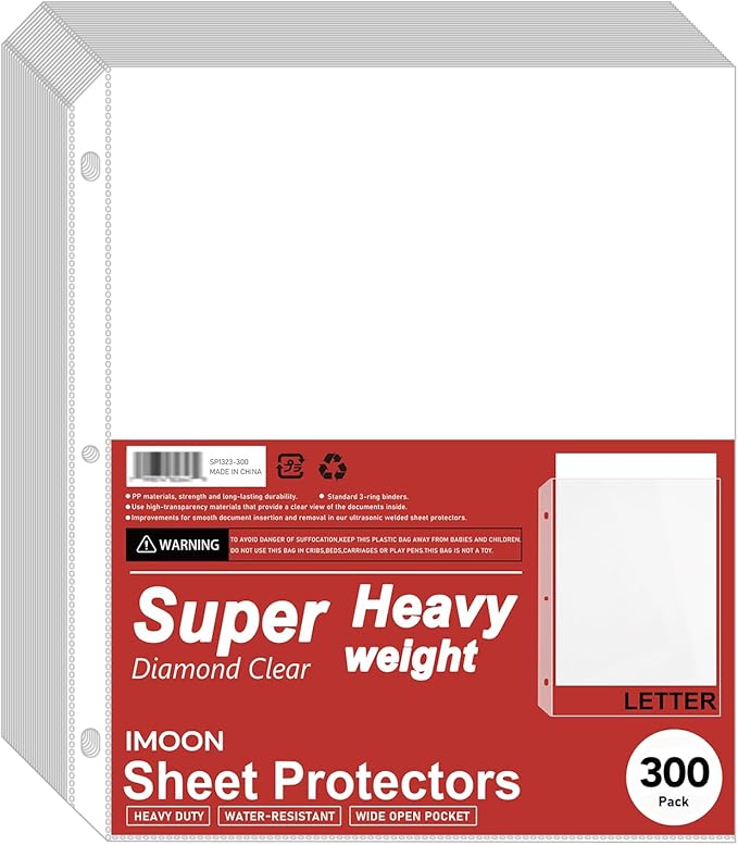 Super Heavyweight 3-Hole Letter Size Sheet Protectors - High Transparency Plastic Heavy Duty Sleeves for 3 Ring Binders, Archival Safe, Durable Page Protectors for Documents, 8.5x11 Inch (300 Pack)
