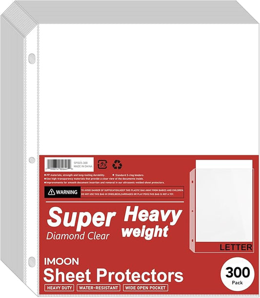 Super Heavyweight 3-Hole Letter Size Sheet Protectors - High Transparency Plastic Heavy Duty Sleeves for 3 Ring Binders, Archival Safe, Durable Page Protectors for Documents, 8.5x11 Inch (300 Pack)