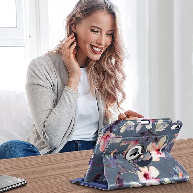 Fintie Rotating Case for iPad (A16) 11th Generation 11 Inch (2025), iPad 10th Generation 10.9 Inch (2022) - [Built-in Pencil Holder] 360 Degree Rotating Protective Stand Cover, Blooming Hibiscus