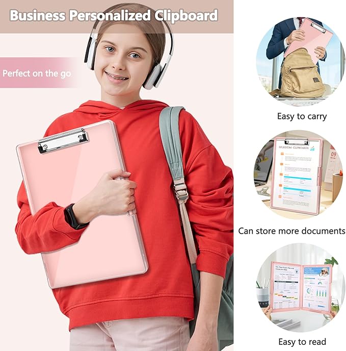 SFLHHDM Clipboard with Storage,Heavy Duty Clip Boards 8.5x11 with 2 Storage Case,Clear Visible Panel Storage Clipboards,Side Opening Nursing Clipboard Folder for Office Supplies-Pale Pink