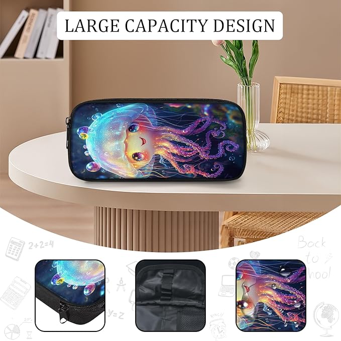 Cute Jellyfish Backpack Set 3 Piece School Bags and Lunch Box with Pencil Case Blue Ocean Jellyfish Bookbag Set for Toddler Kids Girls Boys Teens Kindergarten Elementary Middle
