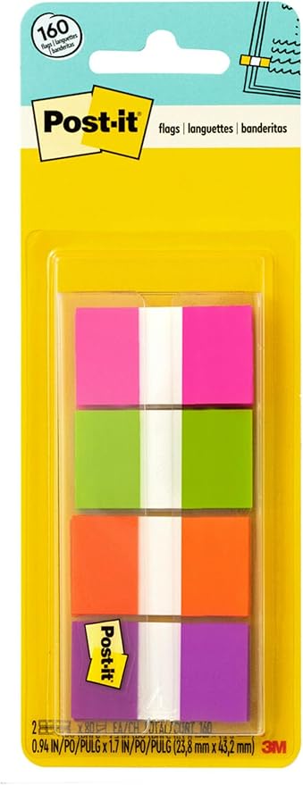 Post-it Flags, On-The-Go Dispenser, 160 Flags/Pack, 1 in Wide, 4 Assorted Bright Colors (680-PGOP2) - 24 Pack, 3840 Total Flags