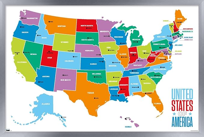 Trends International Map - United States Of America 2022 Wall Poster, 14.725" x 22.375", Silver Framed Version