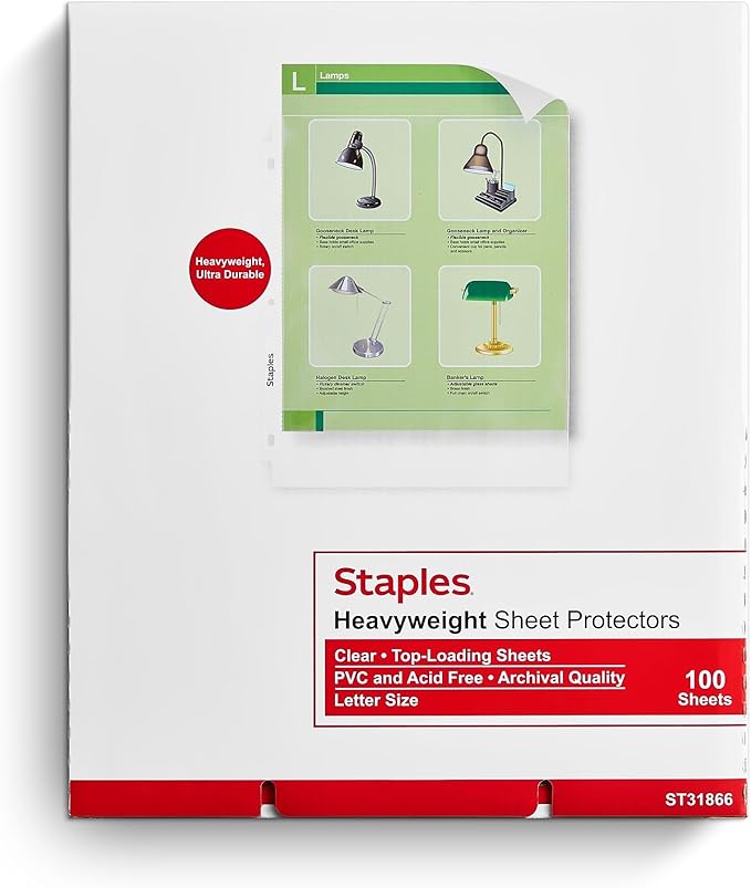 Staples Heavyweight Sheet Protectors, Clear, Letter Size, Top-Loading Durable Document Protectors for 3-Ring Binders, 300 Pack