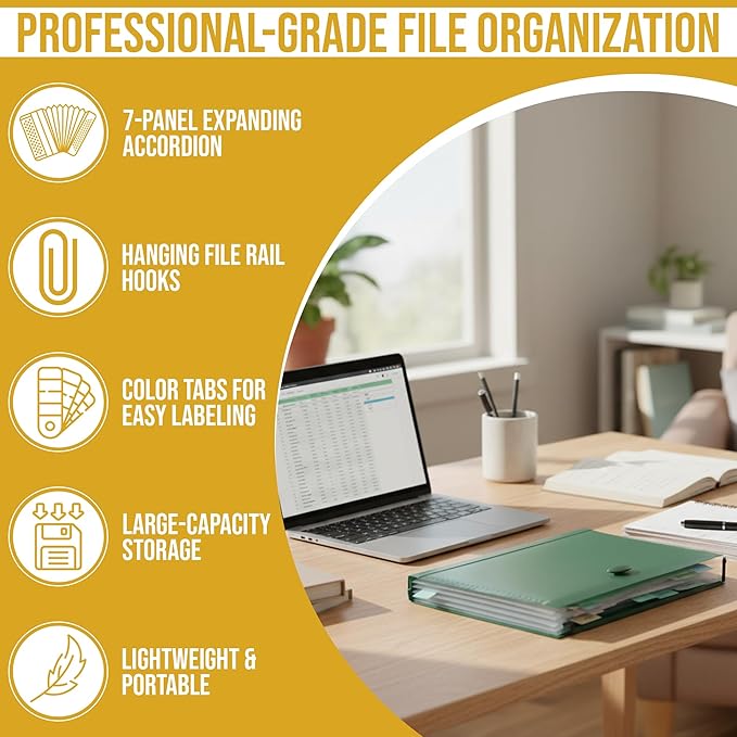 Iconikal Expanding Hanging Green File Folder with 7 Pockets, Portable Heavy-Duty Poly Organizer for Letter Size Files, Retractable Hooks & Elastic Closure