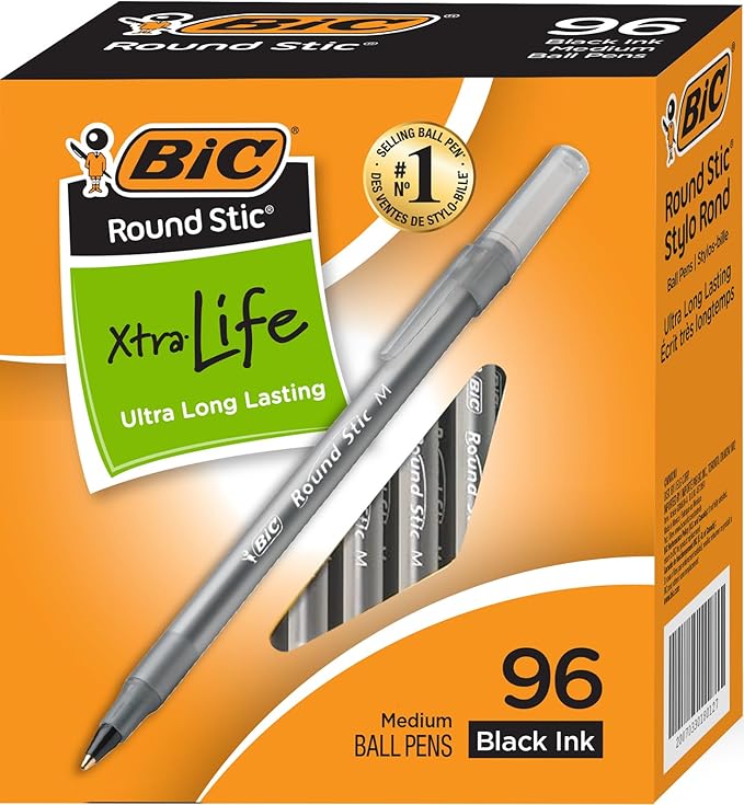 BIC Round Stic Xtra Life Ballpoint Pens - Medium Point 1.0mm, Ultra Long Lasting and Consistent Ink Flow, Pack of 96 Black Pens