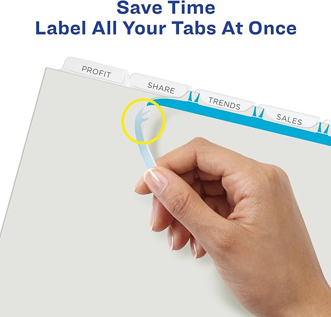 Avery 5 Tab Plastic Dividers for 3 Ring Binder, Easy Print & Apply Clear Label Strip, Index Maker Customizable Frosted White Tabs, 5 Sets (12449)