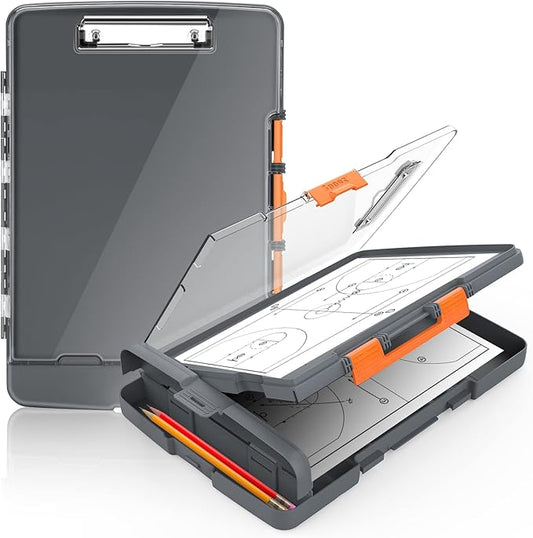 Sooez Original Clipboard with 2 Storage & Pen Holder, Heavy Duty Clip Boards 8.5x11 with Dual Storage, Clearview Dry Erase Coach Clipboard with Real Hinge, High Capacity, School & Office Supplies