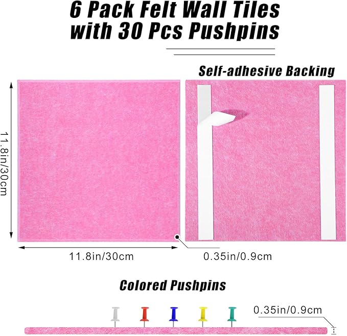 Large Cork Board 36" x 24", 6 Pack Felt Bulletin Board with 30 Pushpins, Cork Boards Alternative with Self-Adhesive Strips, Felt Wall Tiles Pin Boards for Walls Office Home School Decor-Hot Pink