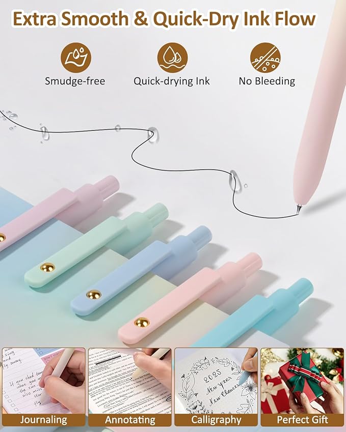 FIOVER Gel Pens, 12 Pcs 0.7mm Comfort Grip Quick Dry Black Ink Pens Fine Point Smooth Writing Pens, Cute Office Supplies Gifts for Women (12PCS Gradient Black Ink)