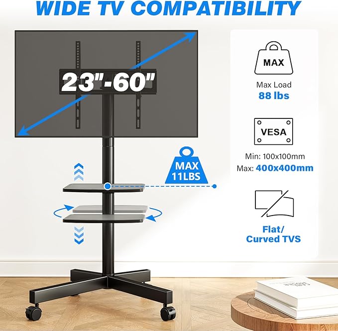 Rfiver Mobile TV Stand for 23-60 Inch LCD LED Flat/Curved Panel Screen TVs up to 88 lbs, Rolling TV Stand with Adjustable Shelf & Tilt, Portable Floor Stand on Wheels for Bedroom, Living Room, Office