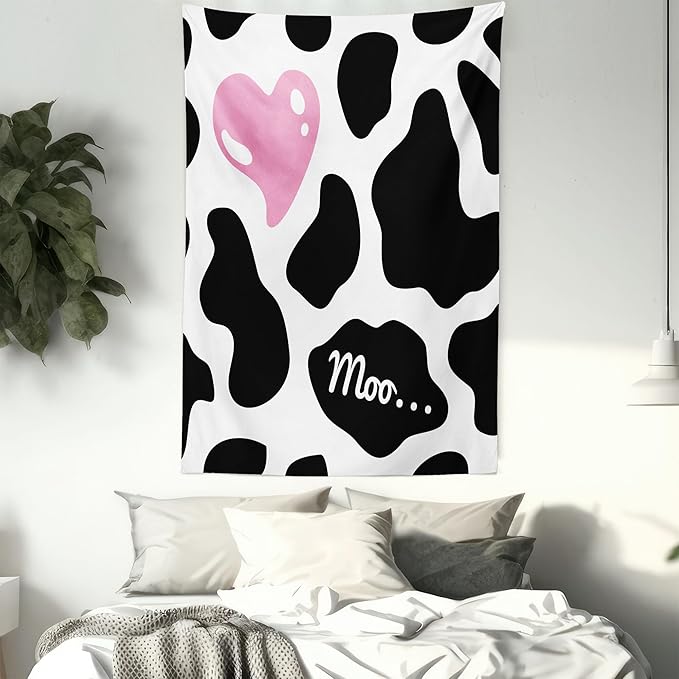 Ambesonne Cow Print Tapestry, Camouflage Hide Skin Pattern in Pastel Color Shades Heart Shape Moo, Fabric Wall Hanging Decor for Bedroom Living Room Dorm, 23" X 28", Pink Black White