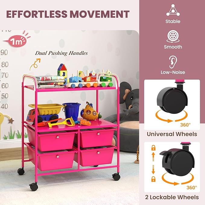 COSTWAY 4-Drawer Storage Cart, Mobile Storage Organizer w/Steel Frame & 360° Wheels, 4-Drawer Utility Cart for Living Room, Kitchen, Bathroom & Office, Hot Pink
