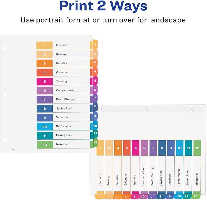 Avery Dividers for 3 Ring Binders, 12 Tabs per Set, Customizable Table of Contents, Multicolor Tabs, Great for Organizing Reports, Projects, and More (3 Sets of 11073)