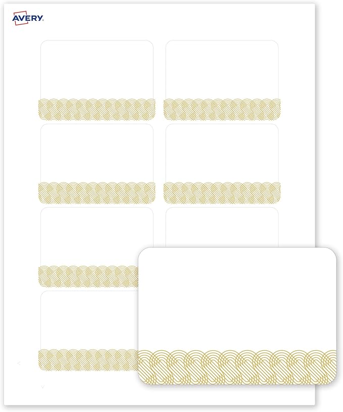 Avery Printable Rectangle Adhesive Name Badges, Pre-Printed Gold Lace Trim Pattern, Matte White, 2-1/3" x 3-3/8", Laser & Inkjet Compatible, 80 Total, Great for Branding, Marketing, and Events