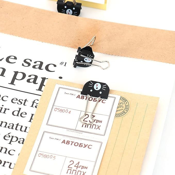 Cute Cat Metal Binder Clips 20Pcs Black Medium Paper Clamps for School Home Desk Organizers Office Supplies