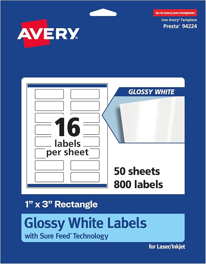 Avery Glossy White Rectangle Labels, Sure Feed Technology, 1" x 3", 800 Glossy White Labels, Print-to-The-Edge, Permanent Adhesive, Laser/Inkjet Printable