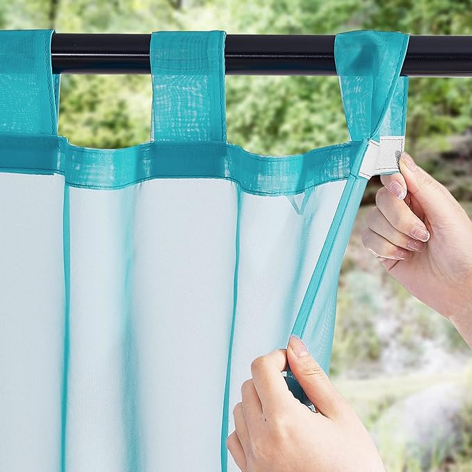 NICETOWN 2 Panels Voile Sheer Outdoor Curtains for Patio Waterproof, Self Sticky Tab Top Airy & Lightweight Indoor Outdoor Sheer Drapes for Porch/Pergola, Turquoise, W54 x L96