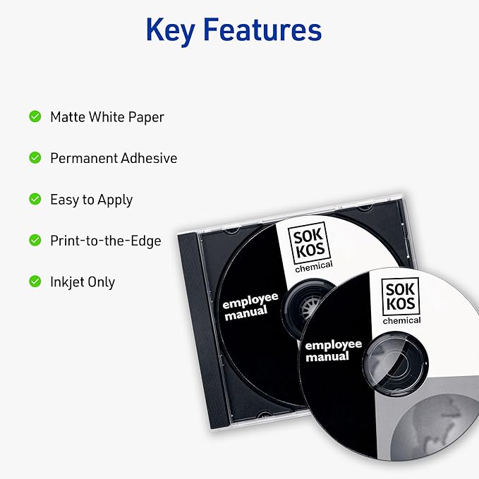 Avery Printable CD Labels, Matte White, Permanent Adhesive, Inkjet Printer Compatible, 100 Disc & 200 Spine Labels, Ideal for CDs, DVDs, PC Discs, Media Projects & More (8691)