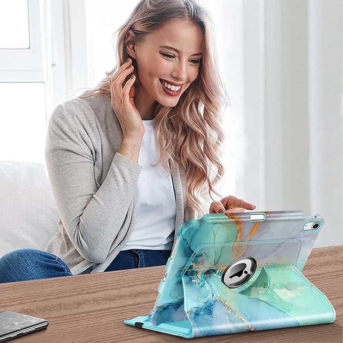 Fintie Rotating Case for iPad (A16) 11th Generation 11 Inch (2025), iPad 10th Generation 10.9 Inch (2022) - [Built-in Pencil Holder] 360 Degree Rotating Protective Stand Cover, Emerald Marble