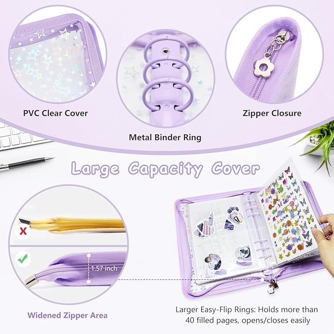 Sticker Organizer Binder - Reusable Sticker Collecting Book Storage Album Holder with Pocket Pages A5 Zipper Cover Collection Container (Purple)