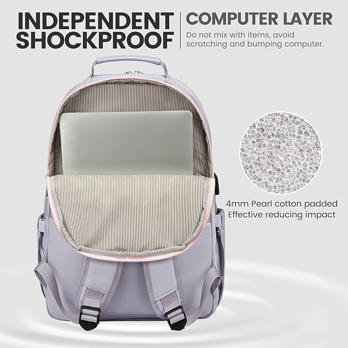 LOVEVOOK Laptop Backpack for Women 15.6 inch,Cute Travel Carry on Backpack Purse,Professional Computer Bag,Waterproof Work Business College Teacher Bag with USB Port,Grey Pink