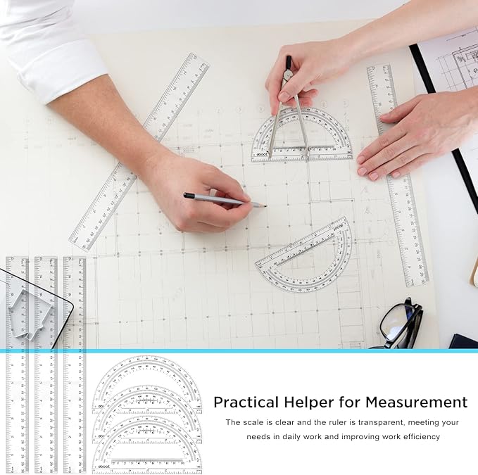 Zonon 6 Packs 12 Inch Plastic Ruler and 6 Inch Plastic Protractor Set Clear Math Geometry Protractors Set Transparent Supplies Rulers for Operation Christmas Box Gift Home Office Drawing