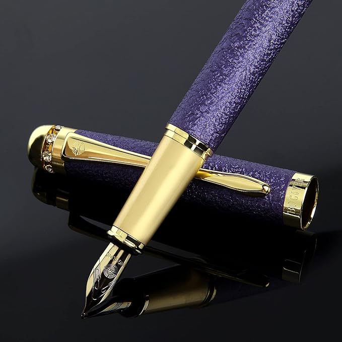 fountain pen-Multiple color styles with rhinestone,diamond inlay and frosted finish,Cute pens,Luxury pen,Office pens,Best pen set,Includes 10 Ink Cartridges and Ink Refill Converter(Purple)