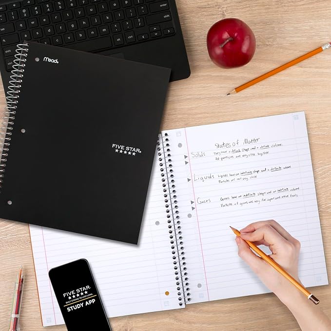 Five Star Spiral Notebook + Study App, 3 Subject, Wide Ruled Paper, 8" x 10-1/2", 150 Sheets, Black (73094) (Pack of 2)