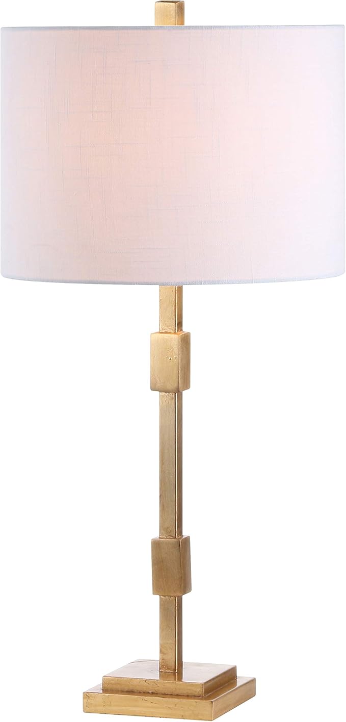 JONATHAN Y 29" Gold Leaf Modern Geometric Column LED Table Lamp, Transitional Iron Desk Lamp for Living Room Bedroom, White Linen Drum Shade, UL Listed, LED Bulb Included JYL3037A