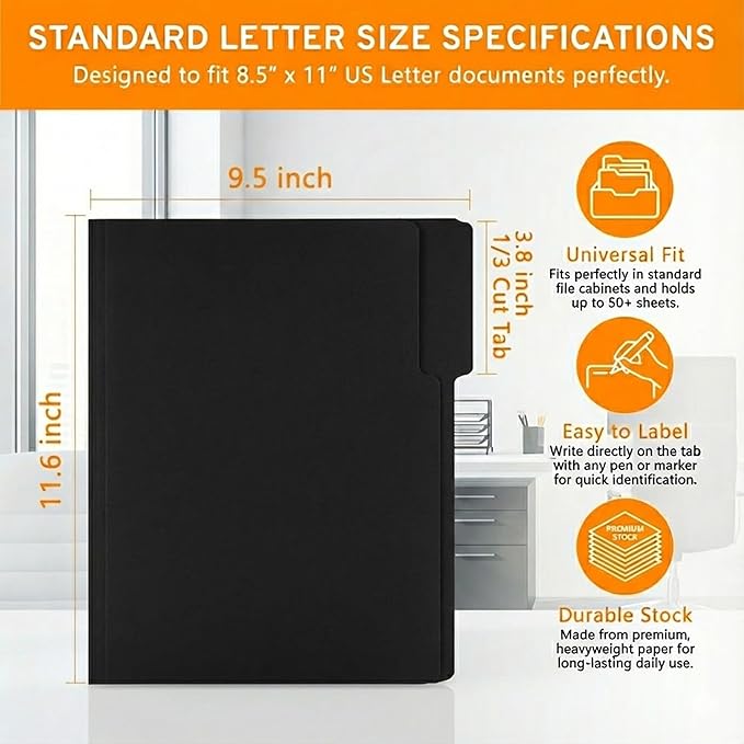 100 Packs Black File Folder,File Folders Letter Size,1/3-Cut Tabs,8.5x11 File Folders for Office,School and Home,Organizer File Folder