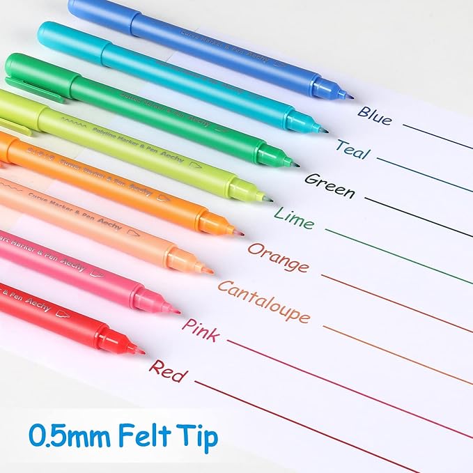 AECHY Curve highlighter pens for Note Taking, Dual Tip Pens with 6 Different Curve Shapes & 8 Colors Fine Lines, Colored Curve Flair Pen Set for Kids Journaling Scrapbook Note Taking Supplies(Rainbow)