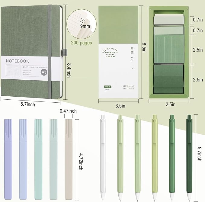 Aesthetic Stationery Set Preppy School Supplies 6 Retractable Black Pastel Gel Ink Pens 0.5mm Pastel Notebook Sticky Notes Set 5 Highlighters Self Stick Index Tabs for Bible Gifts(Green)