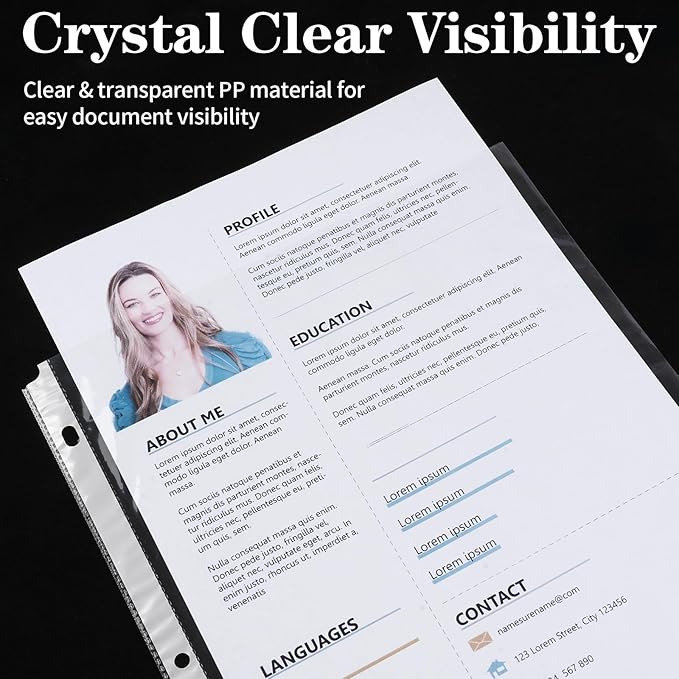 100 Pack Clear Sheet Protectors 8.5 x 11 Inch, Letter Size Page Protectors for 3 Ring Binder, Premium Polypropylene, Reinforced Holes, Acid Free, Top Loading for Documents, Paper, Photos