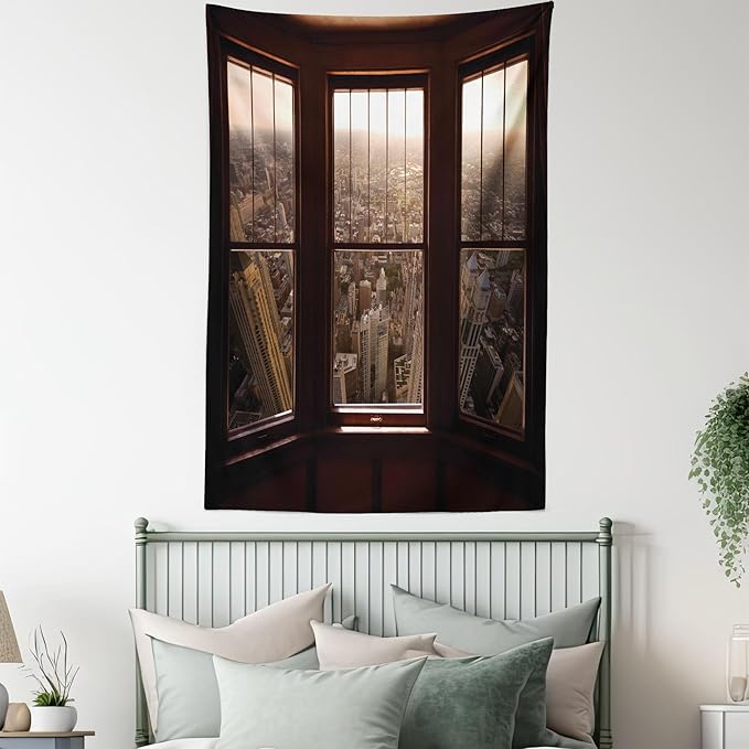 Ambesonne Aerial Tapestry Twin Size, Urban View from The Window View City Dusk Building North American Town Scene, Wall Hanging Bedspread Bed Cover Wall Decor, Twin Size, Brown and Taupe