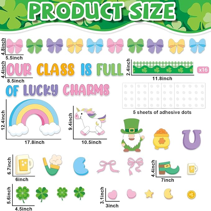 St. Patrick's Day Bulletin Board Decoration March Bulletin Board Set Lucky Shamrock Gold Coin Colorful Bows Paper Cutouts for St. Patrick Party Supplies School Classroom Chalkboard Wall Door Decor