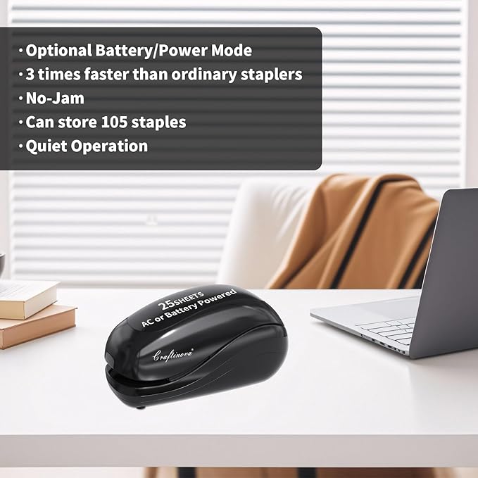 Electric Stapler,Including 2000 Staples and 1 Staple Remover, Suitable for Palm Size and high Comfort，25 Sheet Capacity, AC Adapter or Battery Powered，Battery not Included，(Black)…
