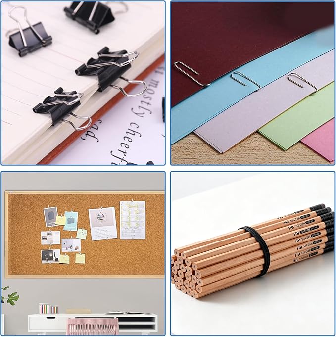 Paper Binder and Clips Assorted Sizes Set,500 PCS Black Metal Office Clips Push Pin Rubber Bands Set for Home, School,Office Supplies