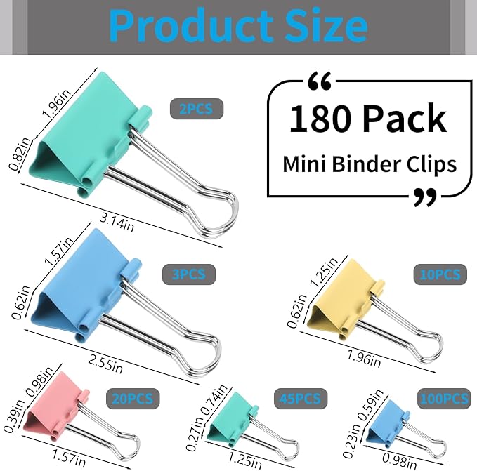 180 Pcs Small Binder Clips, Assorted Sizes Mini Binder Clips, 6 Sizes Clips Office Supplies, Paper Clamps, Binder Paper Clips for Office Supplies Home School Food DIY (Blue, Pink, Yellow, Green)