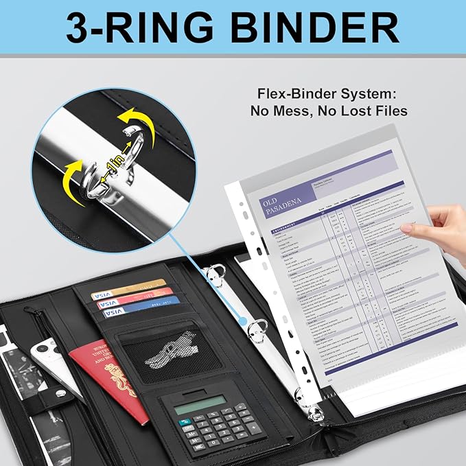 Eshow Portfolio Organizer - 3 Ring Binder with Zipper, Vegan Leather Business Padfolio Folder with Notepad Includes 10 Clear Sheet Protectors for Documents Files for Men Women