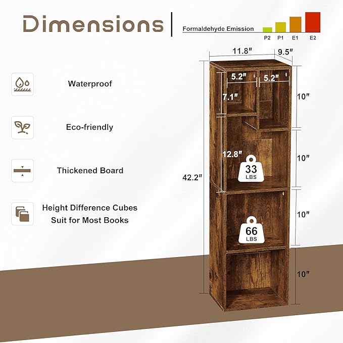 VECELO Small Bookshelf, 5 Cube Slim Bookcase, Fits Tallest Hardcovers, Horizontal Available, Modern Floor Standing Unit, Each Shelf Hold Up to 66 LBS,Brown